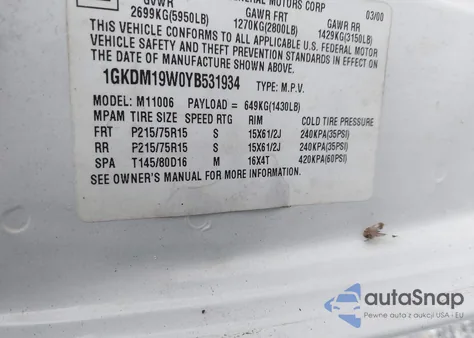 2000 GMC Safari Xt из США, поврежденный, VIN 1GKDM19W0YB531934